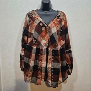 Savanna Jane Steal Away Plaid Embroidered Women's Blouse Size 1X
